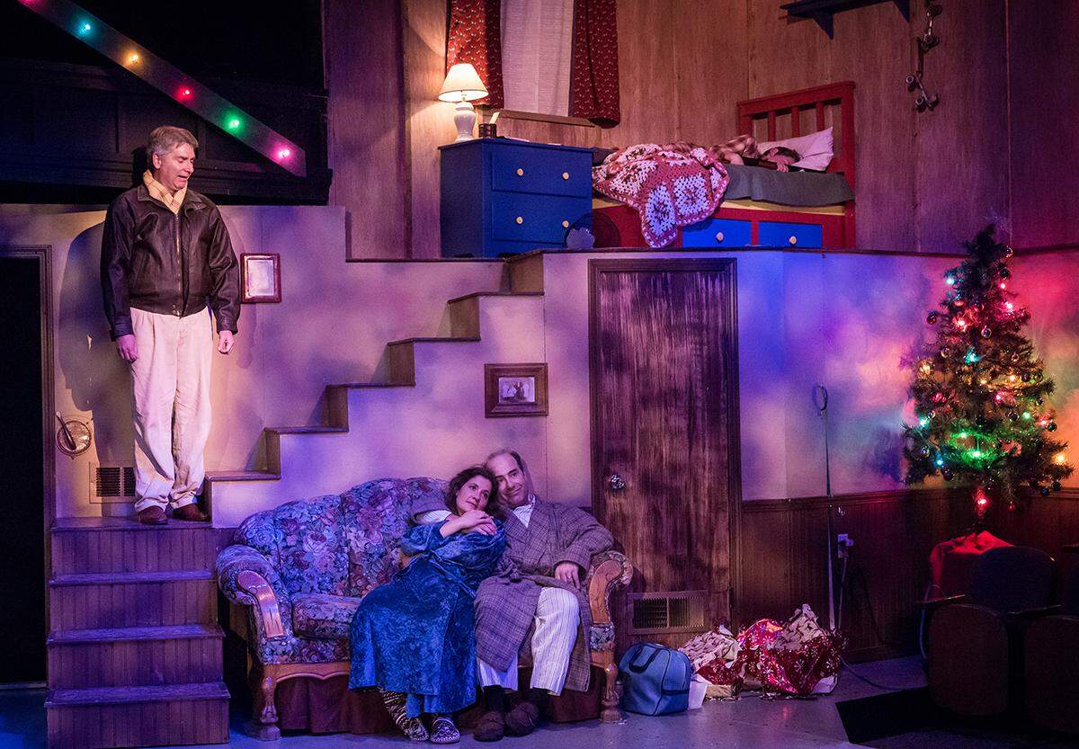 Ralph Parker (Don Stewart) looks back at his favorite childhood Christmas memories with the Old Man (Seth Blackburn), Mother (Alicia Klein) and his younger self (Coen Carlberg) in “A Christmas Story,” playing through Dec. 22 at San Luis Obispo Repertory Theatre.