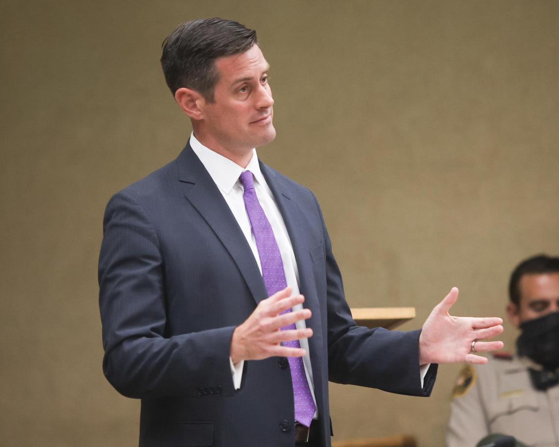 San Luis Obispo County deputy district attorney Chris Peuvrelle asks Denise Smart questions about her daughter, missing Cal Poly student Kristin Smart, during a preliminary hearing for Paul and Ruben Flores in San Luis Obispo Superior Court on Monday, Aug. 2, 2021.