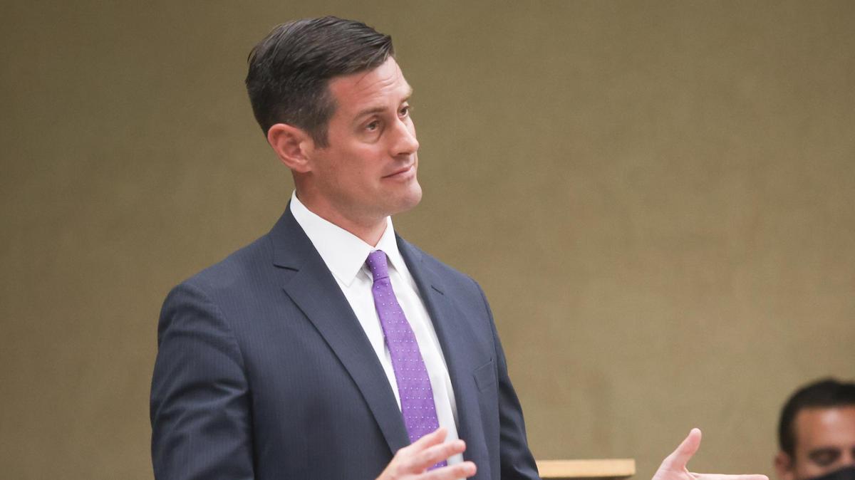 San Luis Obispo County deputy district attorney Chris Peuvrelle on Day 1 of a preliminary hearing for Paul and Ruben Flores.
