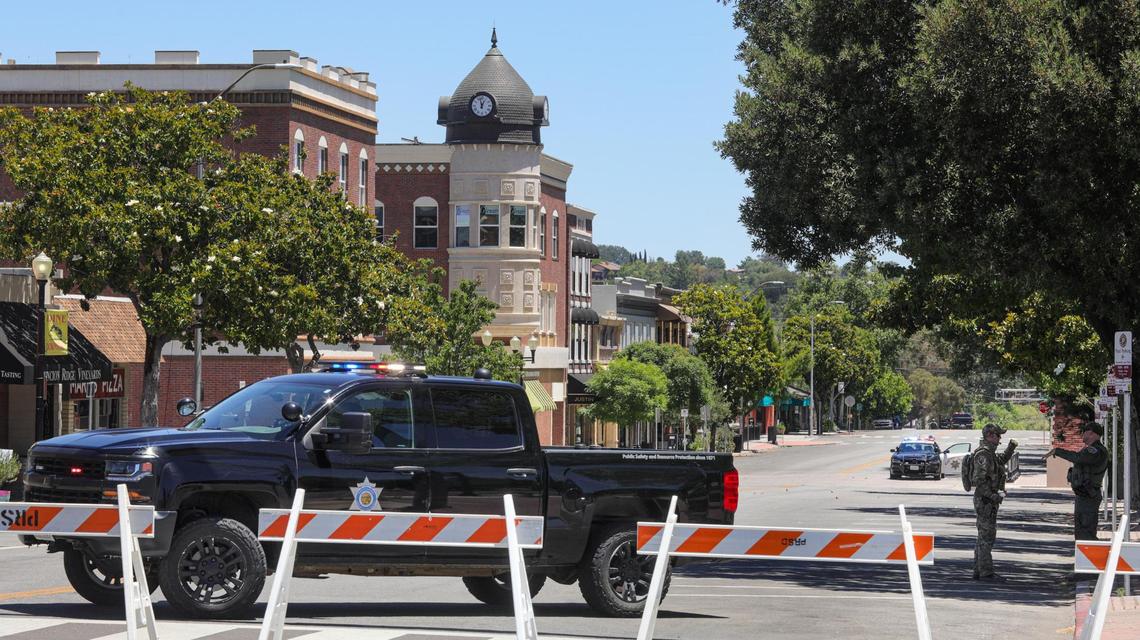 Various police agencies responded to Paso Robles to assist with police an early morning shooting Wednesday, June 10, 2020. Here, 12th Street is blocked off at Spring Street as the investigation continues. Acorn building is in background.