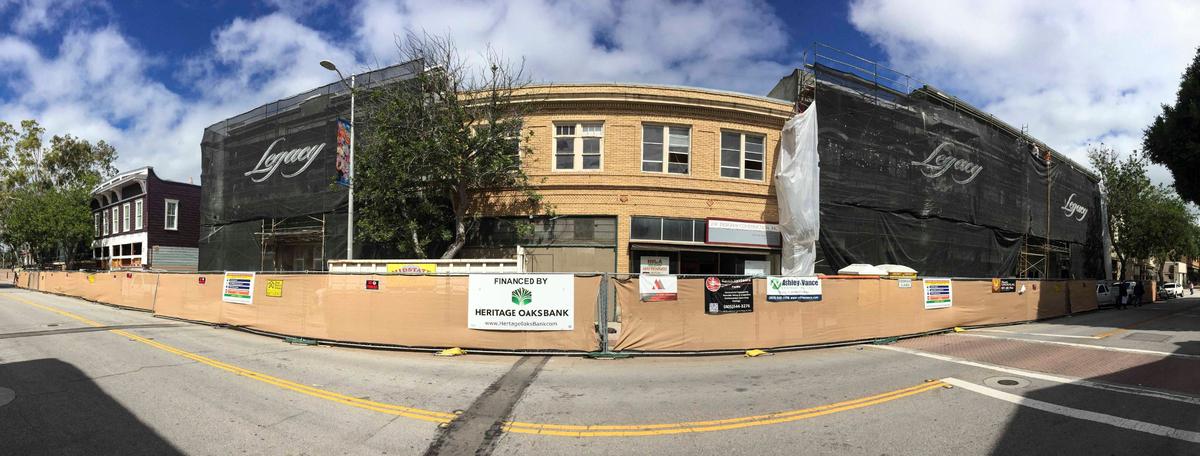 A panoramic photo shows Monterey Street and the Muzio building surrounded by the Chinatown project under construction on April 11, 2016.