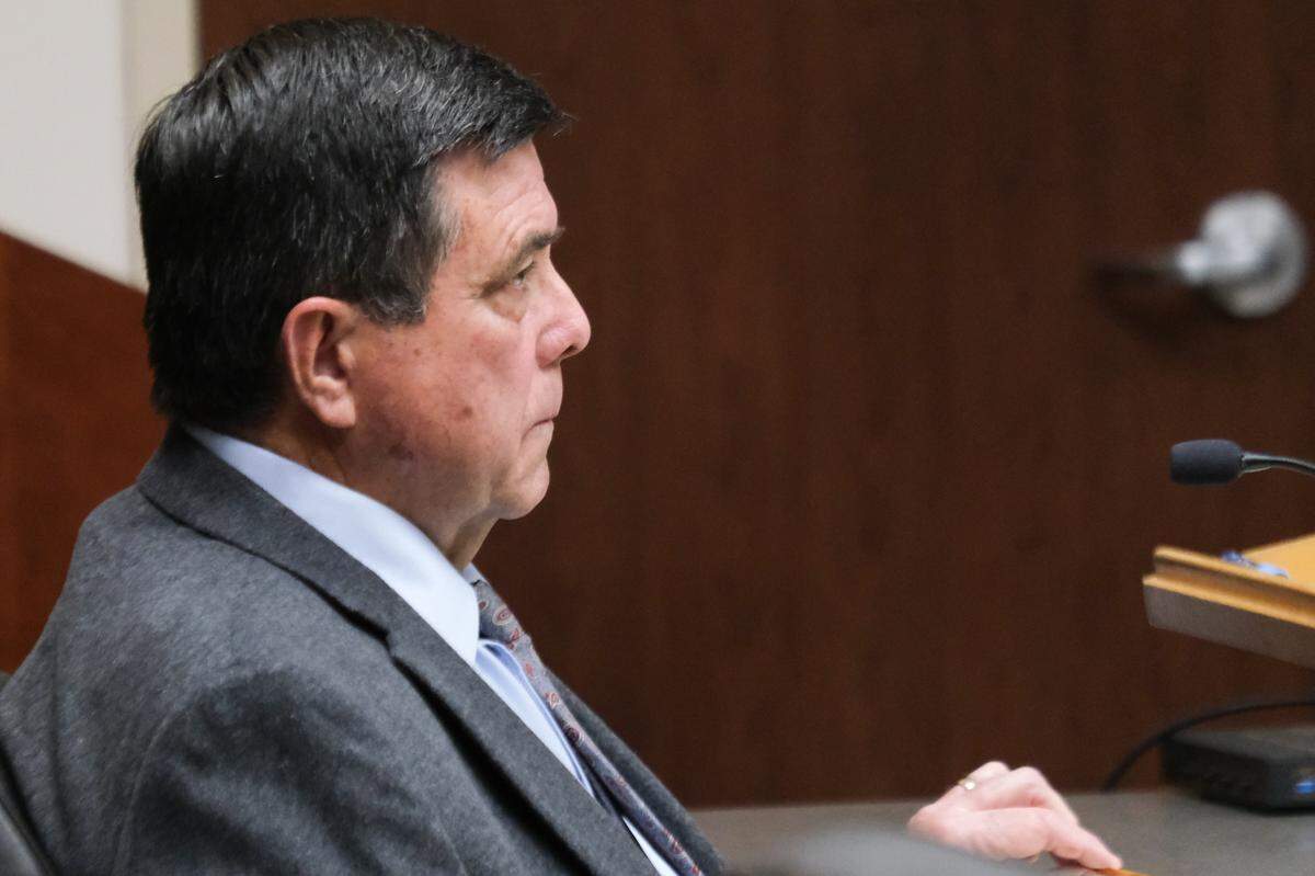 Paso Robles City Councilmember Chris Bausch listens during a court hearing at the Paso Robles branch of San Luis Obispo Superior Court on April 30, 2025. The Tribune sued Bausch and the City of Paso Robles for violating the Public Records Act in March. 