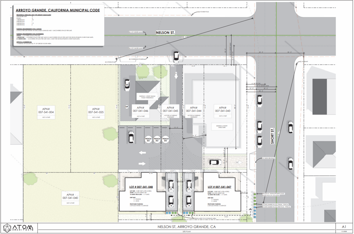 Four two-bedroom units and four studios are coming to a pair of compact, two-story buildings near the southwest corner of Nelson and Short streets in Arroyo Grande.