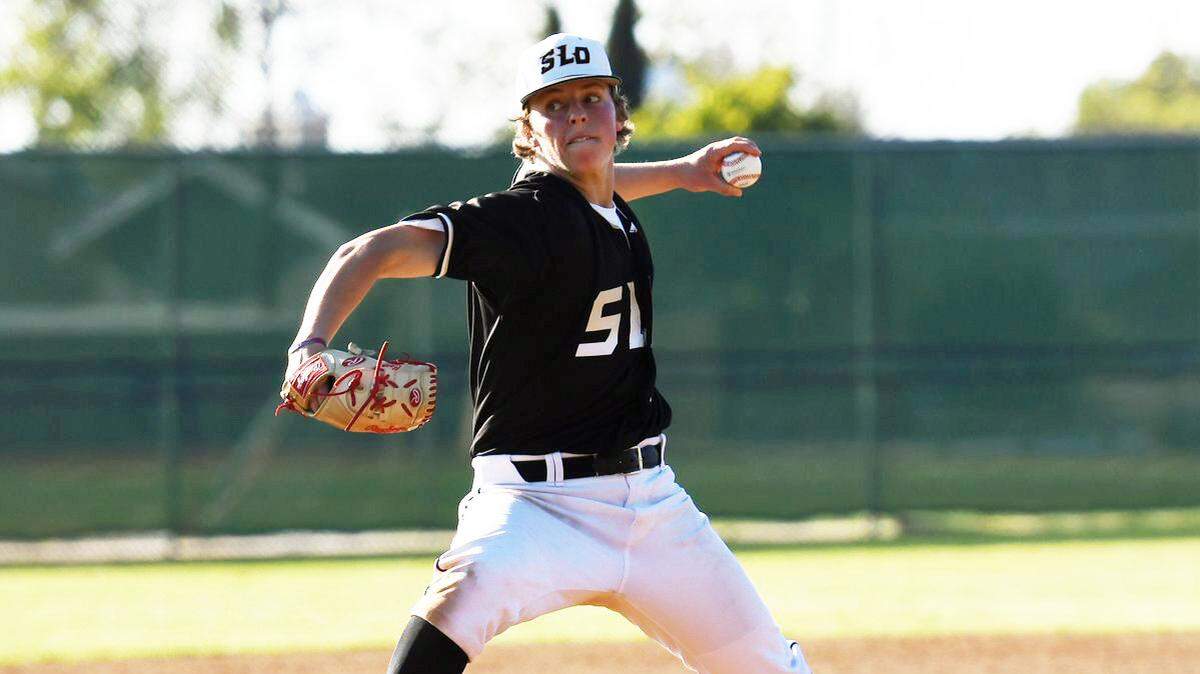 SLO High junior Cooper Benson delivers a pitch in a game against St. Joseph. Benson would finish the game with the first comlete-game no-hitter of his high school career.