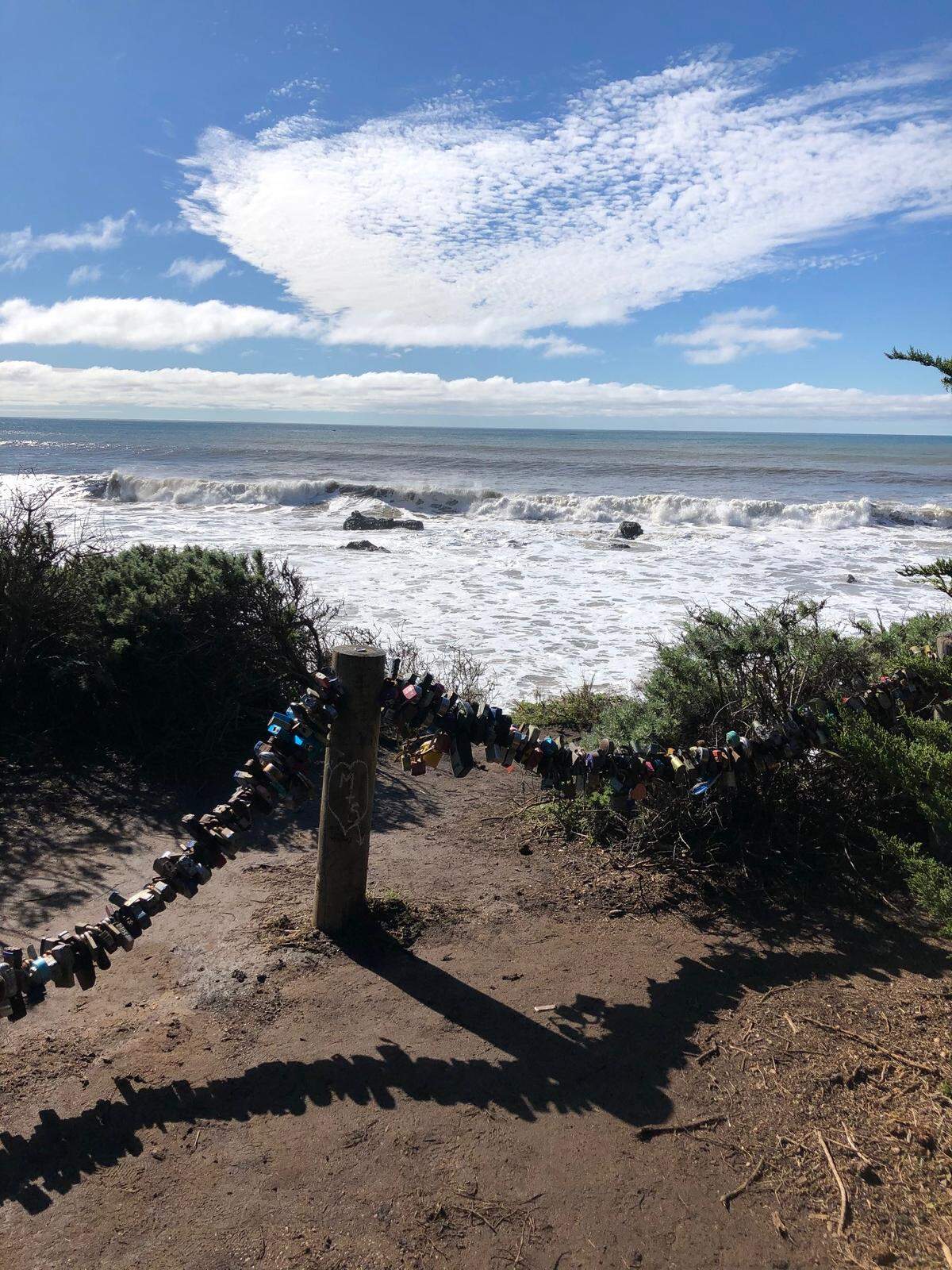 Erin Jennings took this picture of the view from a scenic overlook alongside Cambria’s Moonstone Beach boardwalk. Visitors attached about 250 padlocks to a cabling that runs between posts at the overlook. State Parks has since removed the so-called “love locks.”