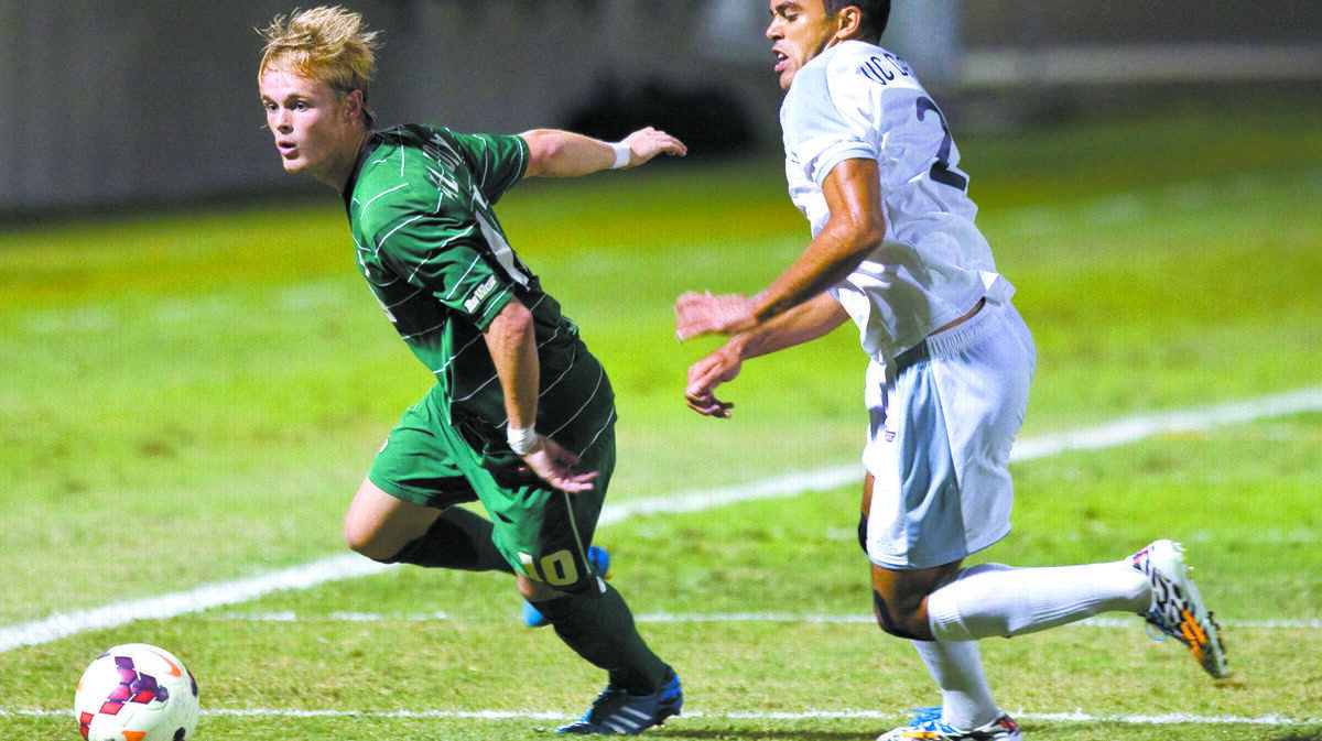Cal Poly midfielder Chase Minter, left, led the Mustangs in goals and assists last season.