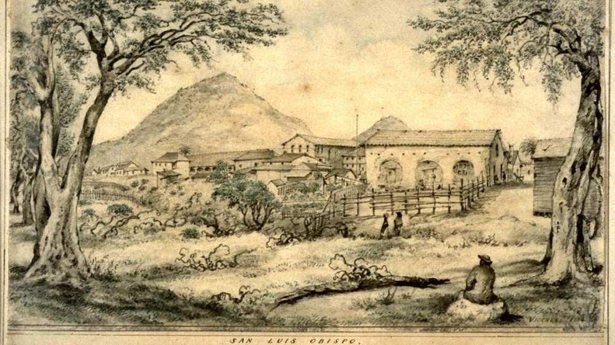 San Luis Obispo in 1865 as drawn by German artist Edward Vischer, with a distant profile of the Mission and its bucolic surroundings. Just seven years earlier, this was the setting where a vigilante mob hanged seven Californios near the Mission.