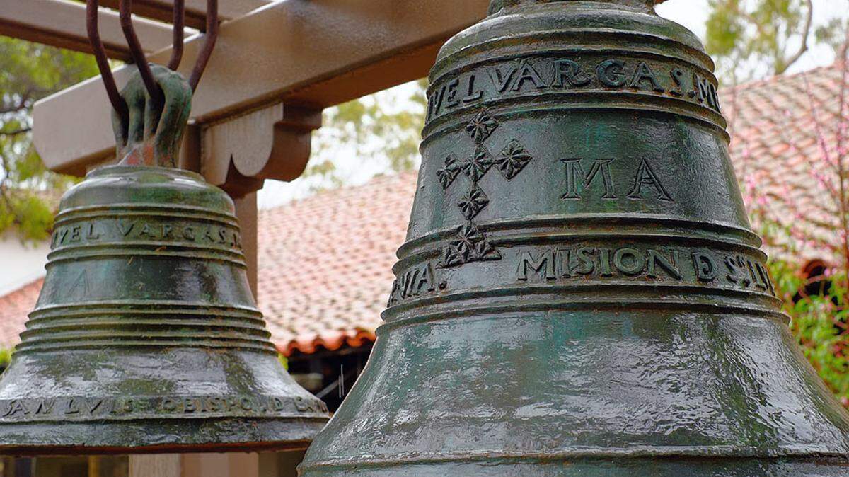 The original Manuel Vargas 1818 bells hang in the Mission San Luis Obispo garden on a platform donated by Maino Construction Co.