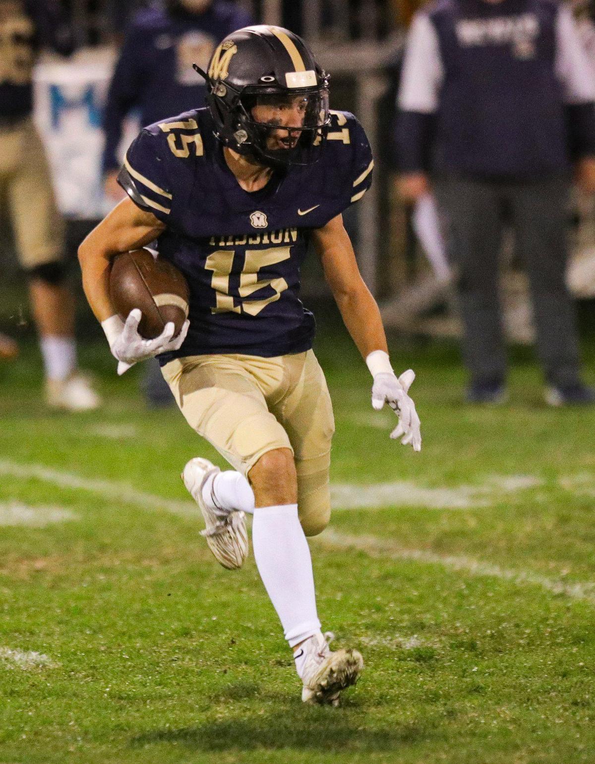 Luke Terry runs with the ball for the Royals. Mission Prep fell to St. Joseph 49-21 on Oct. 28, 2022, in the last game of the regular season, giving the Knights the Mountain League football championship.