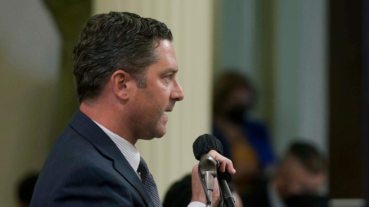 Assemblyman Jordon Cunningham, R-San Luis Obispo, urges lawmakers to approve his bill to hold social media companies responsible for harming children who have become addicted to their products, at the Capitol in Sacramento, on Monday, May 23, 2022. The Assembly approved the measure that would let parents to sue platforms like Instagram and TikTok for up to $25,000 per violation. The bill now goes to the Senate for consideration.