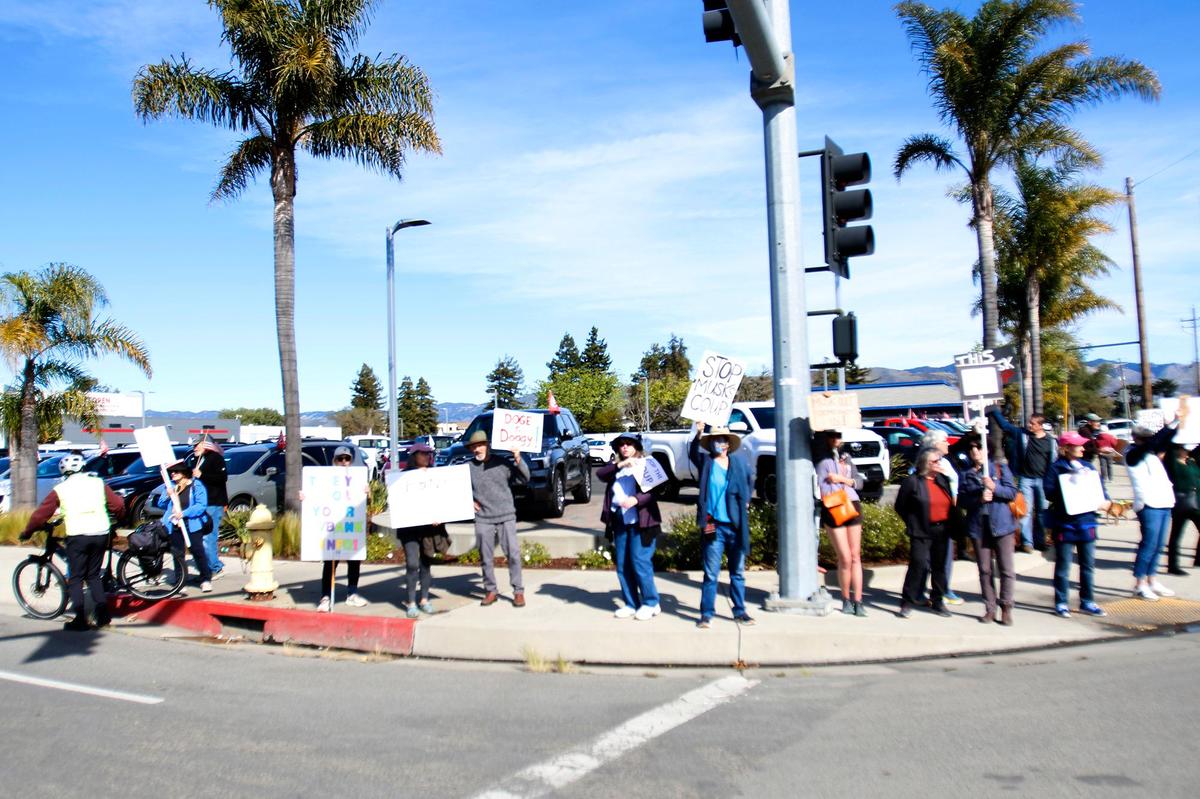 Dozens of people demonstrated outside the Tesla dealership in San Luis Obispo on Saturday, Feb. 8, 2025. They eventually walked from Calle Joaquin to Los Osos Valley Road.