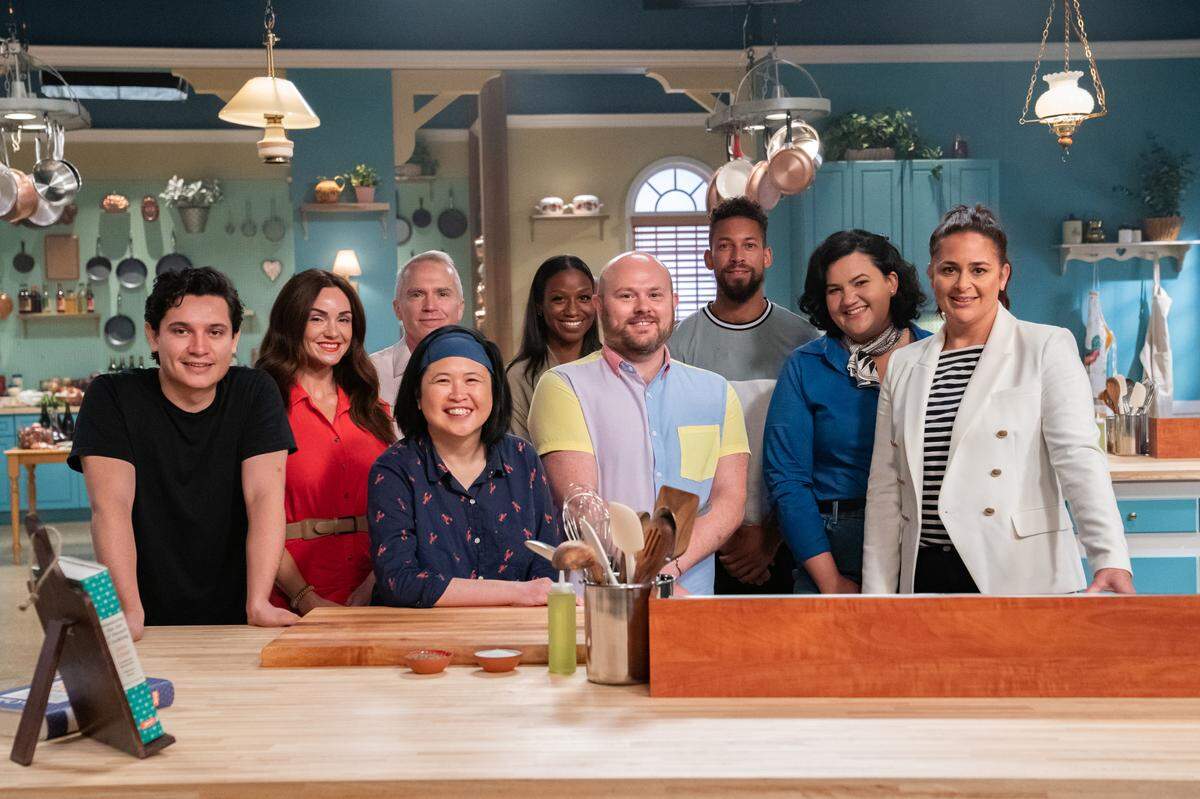 Host Antonia Lofaso with contestants Fabrizio Villalpando, Bill Borman, Christine Fiorentino, Britt Moore, Elena Ross-Salonga, Dustin Rennells, Dustin Hogue and Jaine Mackievitz, as seen on the “Julia Child Challenge,” Season 1.