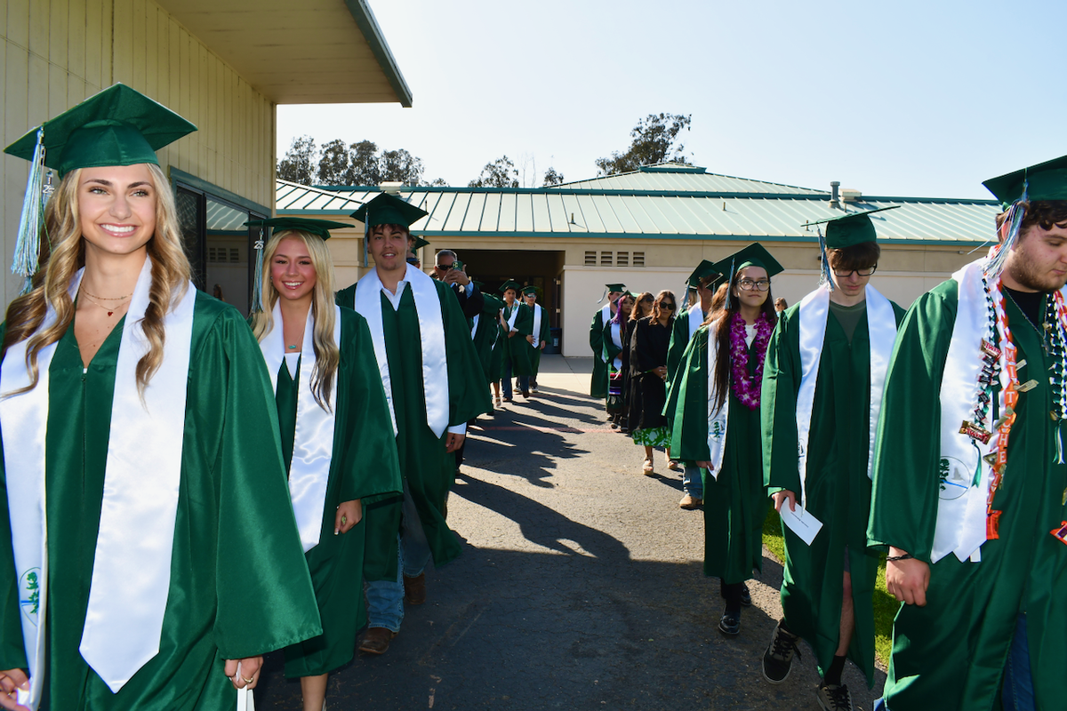 Students from Pacific View Academy in the Lucia Mar school district line up for their graduation ceremony on June 3, 2025.