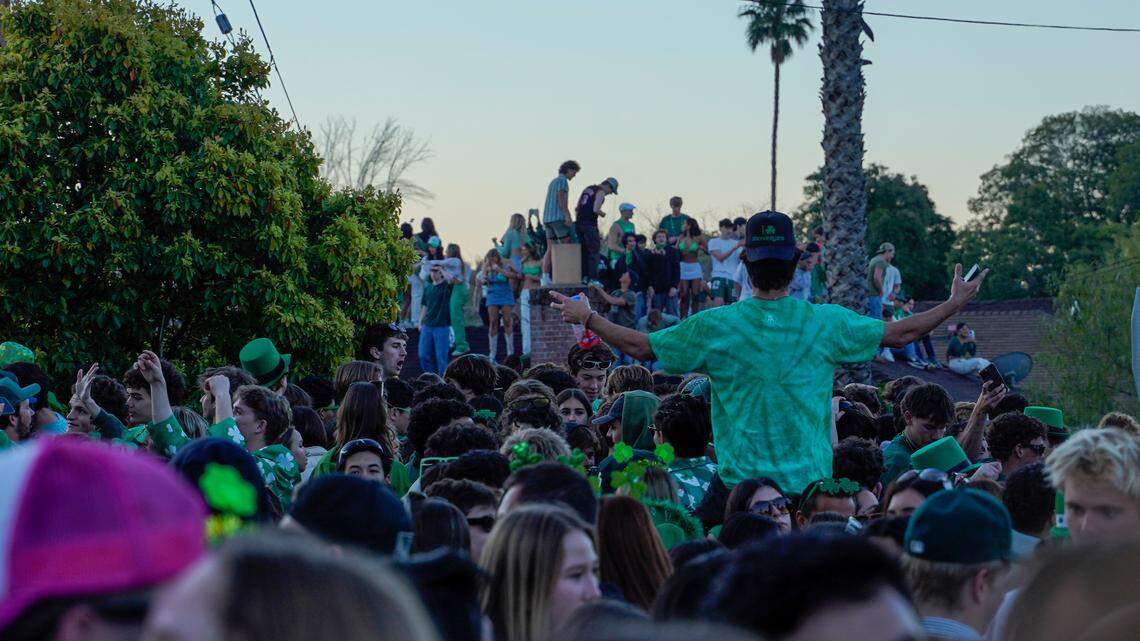 Cal Poly students turned out early Saturday morning, March 16, 2024, for St. Fratty’s Day festivities on Hathway Avenue near the university. A San Luis Obispo Police Department officer at the scene of the party estimated between 6,000 and 7,000 people in attendance.