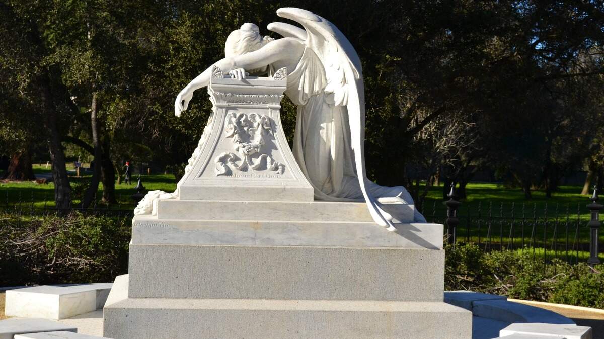 This profile view of the Angel of Grief statue at Stanford University was taken in 2013.