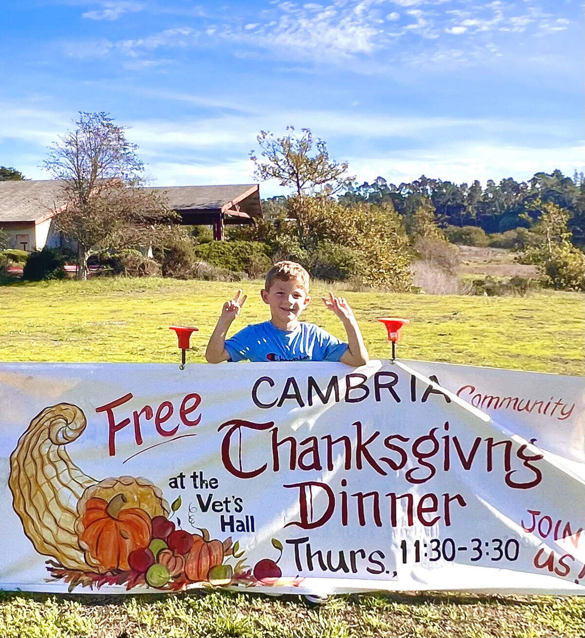Cambria kid Cruz Usdiyona (Little Bear) Buhl, 5, encourages people to participate in a 2025 event serving free Thanksgiving dinners.