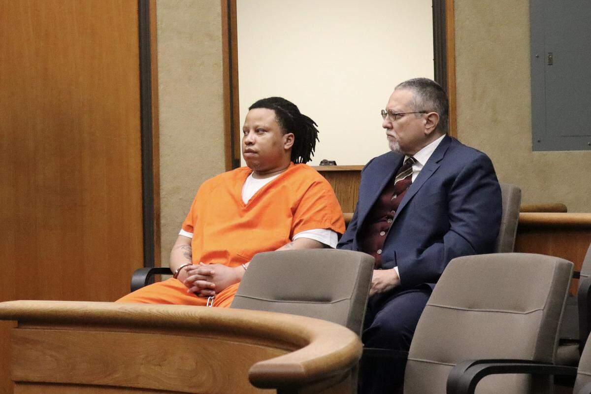 Joshua Murphy, left, and his attorney wait for his sentence with his co-defendants Heather Hunt and Tremaine Jones in San Luis Obispo Superior Court on Oct. 1, 2025. Murphy, Hunt and Jones were convicted of conspiring together and sex trafficking a 15-year-old girl. Murphy was also found guilty of possessing child pornography and committing sex acts on a 15-year-old.