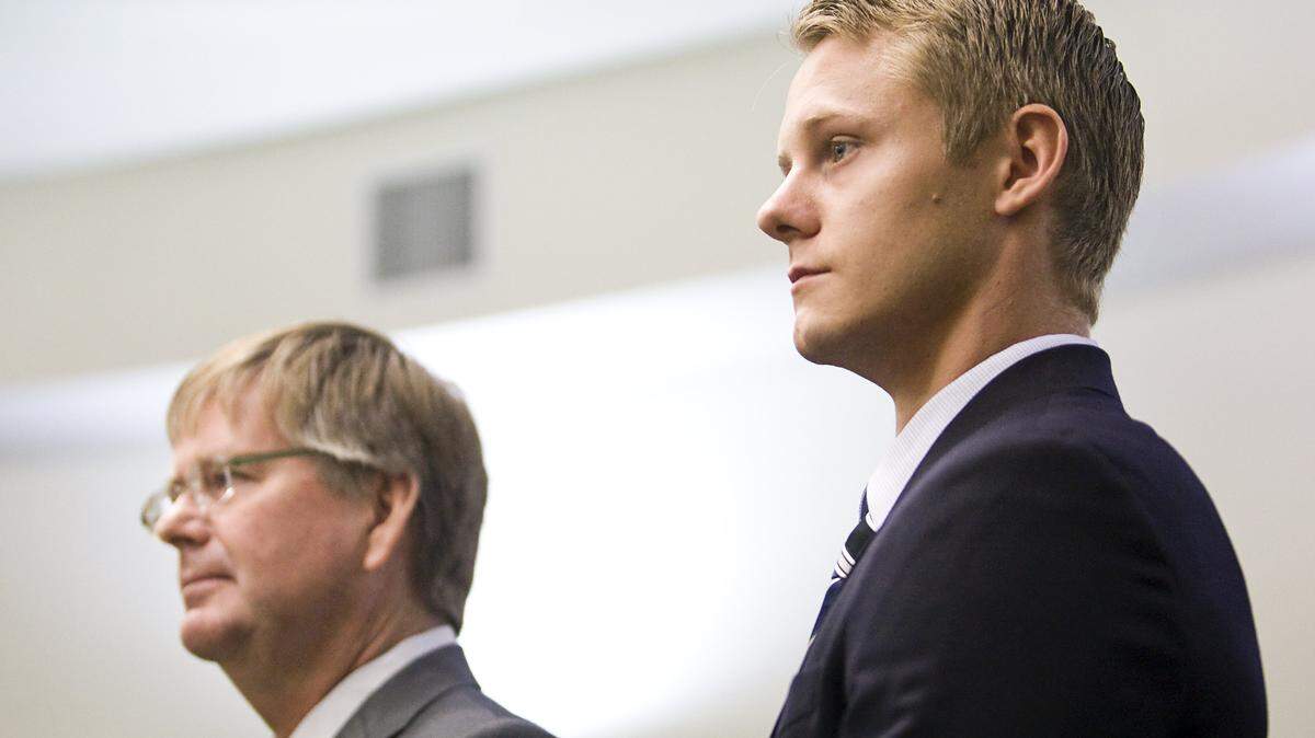 Gear McMillan, right, a current member and former president of the Cal Poly chapter of Delta Sigma Phi fraternity, appeared in court with his attorney, Robert McMahon, for an arraignment on drug charges Thursday, Sept. 18.