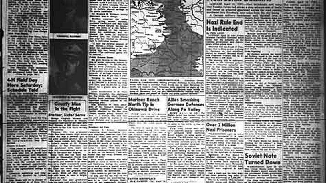 The invasion of Okinawa and collapse of Germany were major headlines but the biggest local story was the accidental strafing death of a man in the Carrizo Plain. Telegram-Tribune from April 19, 1945.