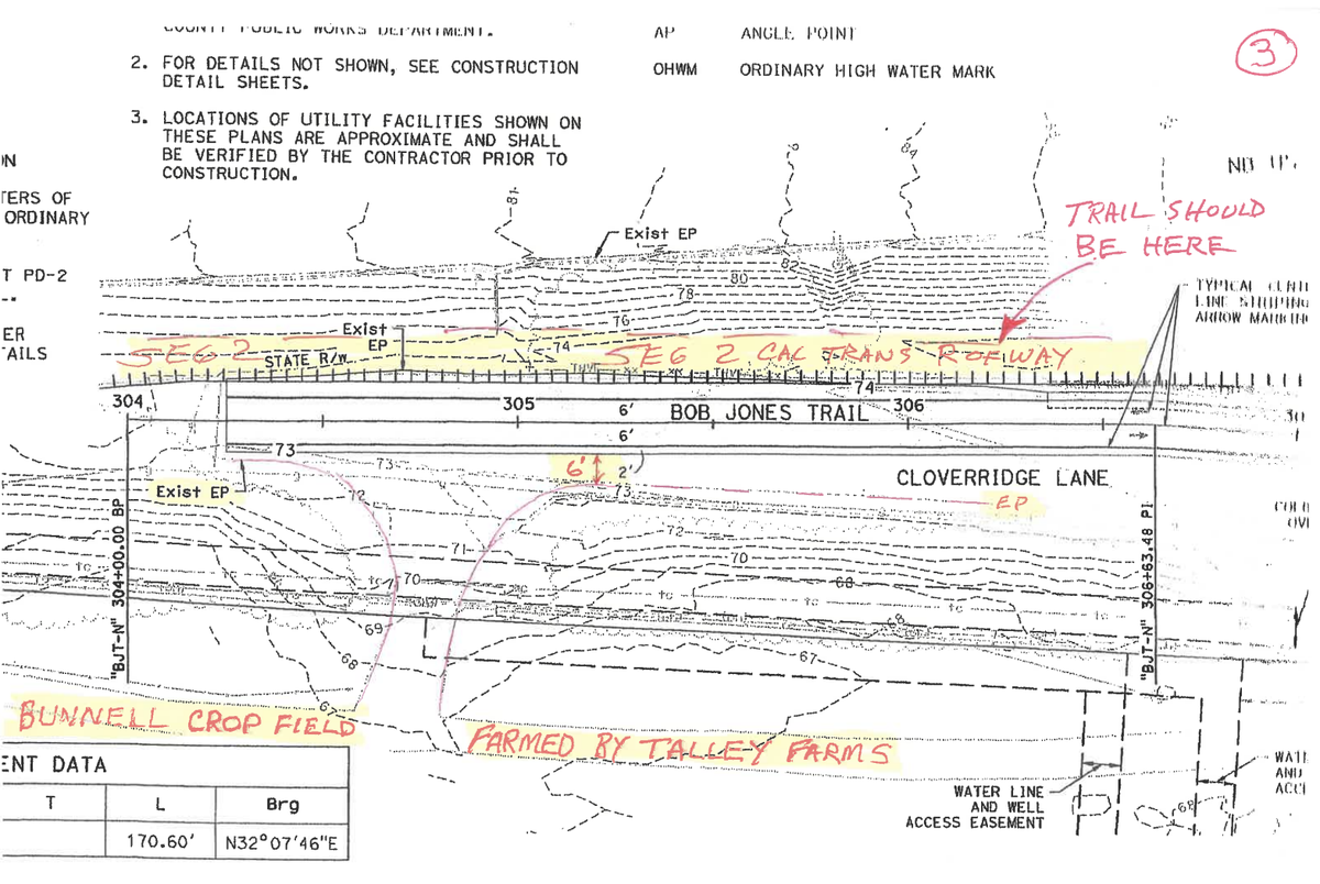 Local rancher Ray Bunnell, who has long opposed the Bob Jones Trail running on his property, made notations on the county’s new design plans for the trail next to his land on Jan. 14, 2025. As currently planned, the Bob Jones Trail will run contiguous with Clover Ridge Lane for a stretch at the end of the road. Bunnell wants the pathway fully off the road so as not to interfere with his access gate to the agricultural land on the back end of his property.