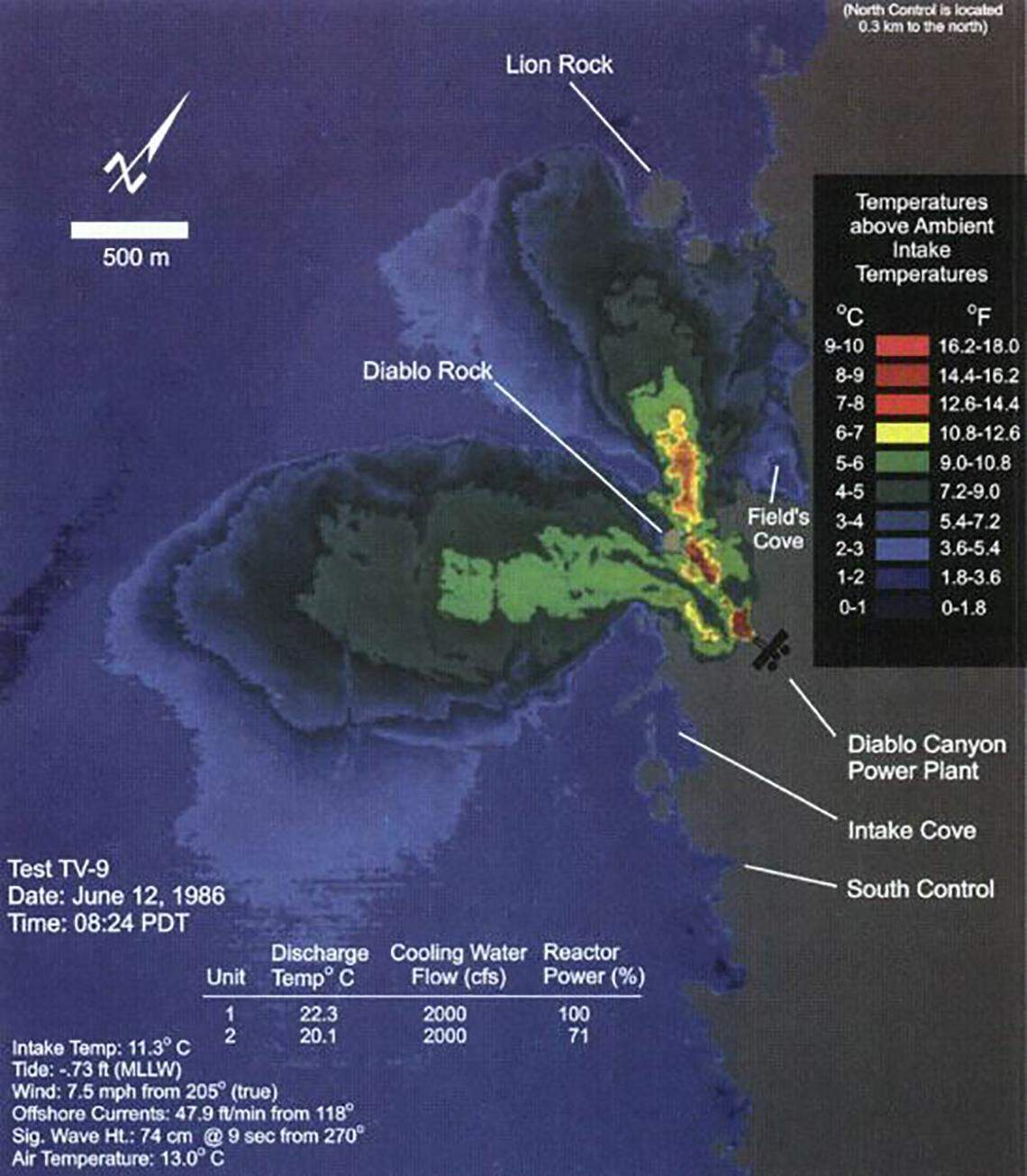 A thermal image shows how the warm-water plume disperses from Diablo Canyon nuclear power plant. The image was included in a PG&E report from a study made June 12, 1986. The warm water rises to the surface and thins out the farther it gets from the plant.