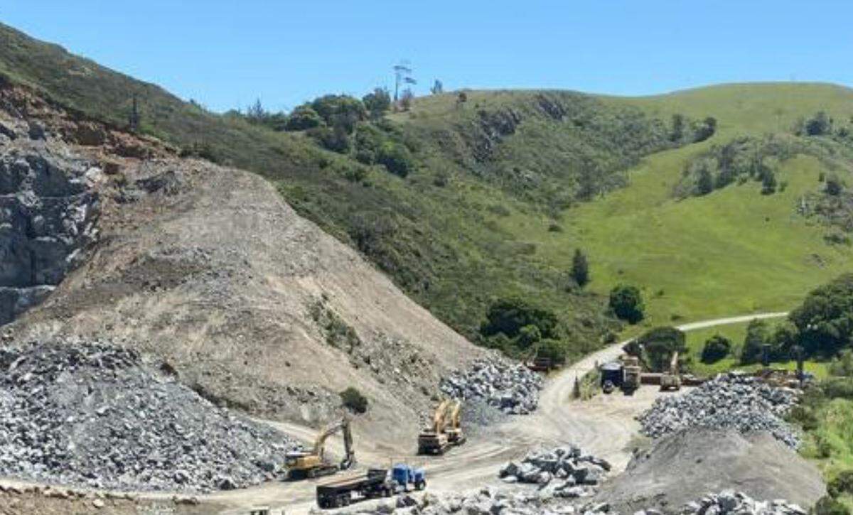 Trucks, loaders and other equipment work at the Cambria Quarry. The view is from the longtime mining operation’s southwestern side.