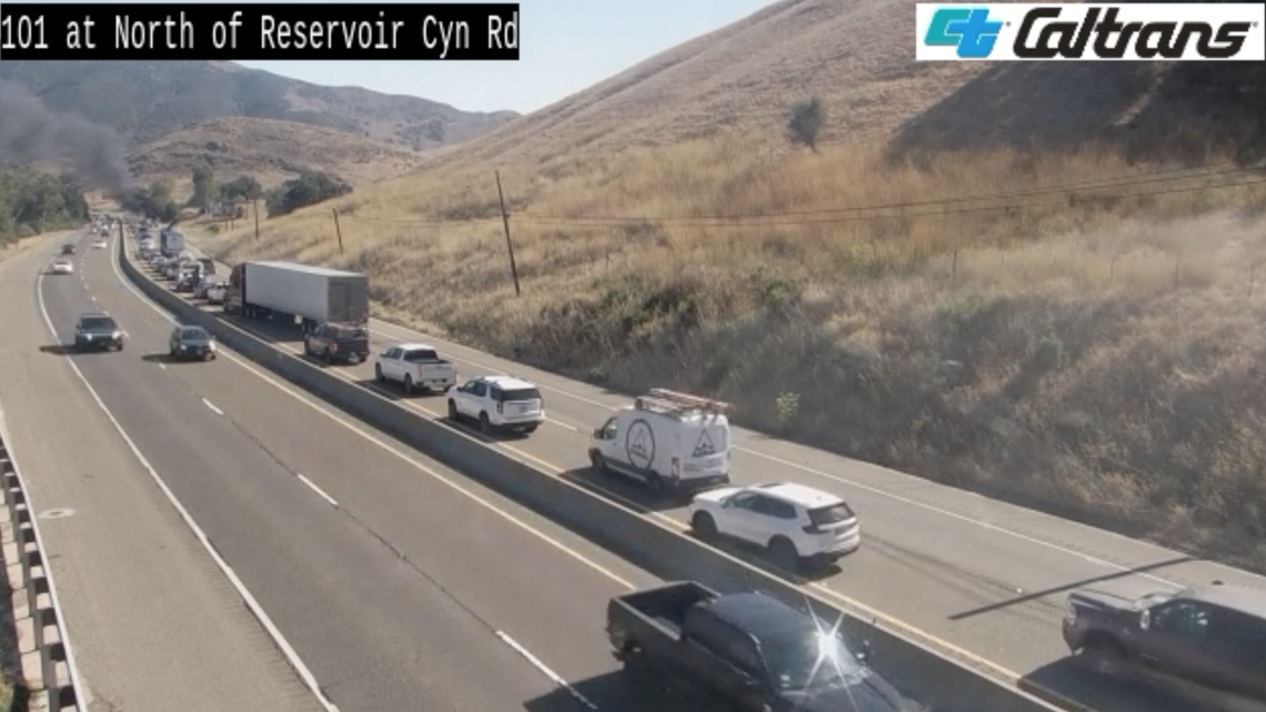 Highway 101 traffic at a standstill after car catches fire on Cuesta Grade