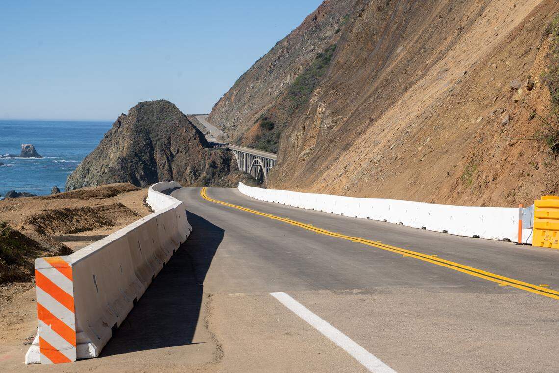 This paved stretch of road was cut into Regent's Slide, allowing Highway 1 to reopen on Wednesday, Jan. 14, 2026. Highway 1 was closed for three years due to a pair of large landslides starting in January 2023.