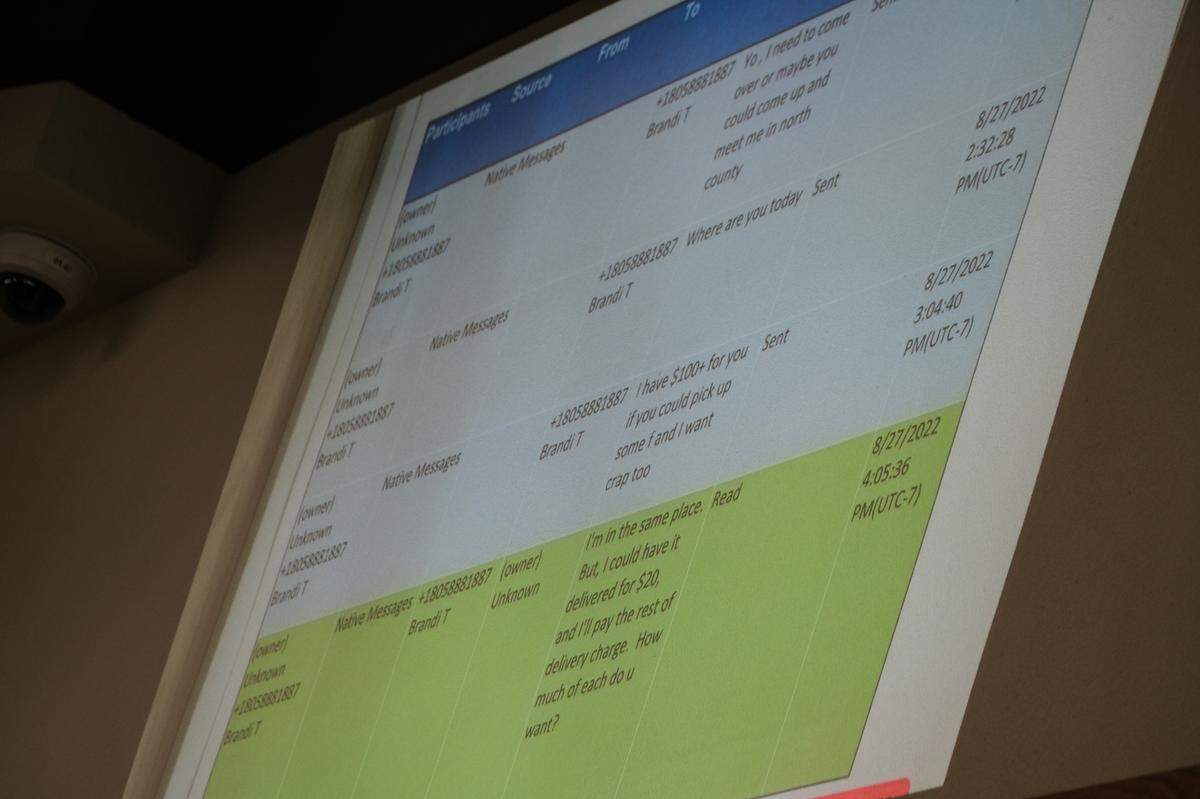 Texts shown in San Luis Obispo Superior Court during the murder trial against Brandi Turner on Jan. 8, 2024, show Quinn Hall sought to purchase fentanyl from Brandi Turner multiple times before his death.