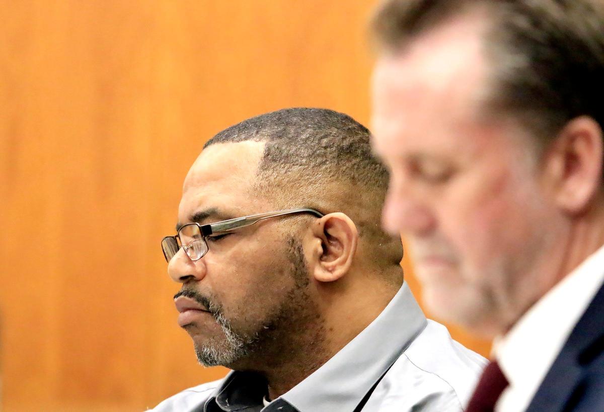 Jason Lamont Fenwick, a former Lyft driver accused of sexually assaulting a rider in November 2018 after dropping her at a Nipomo home, stands trial in San Luis Obispo Superior Court on Tuesday, Nov. 19, 2019. Fenwick sits next to defense attorney Jeff Chambliss as he listens to testimony.