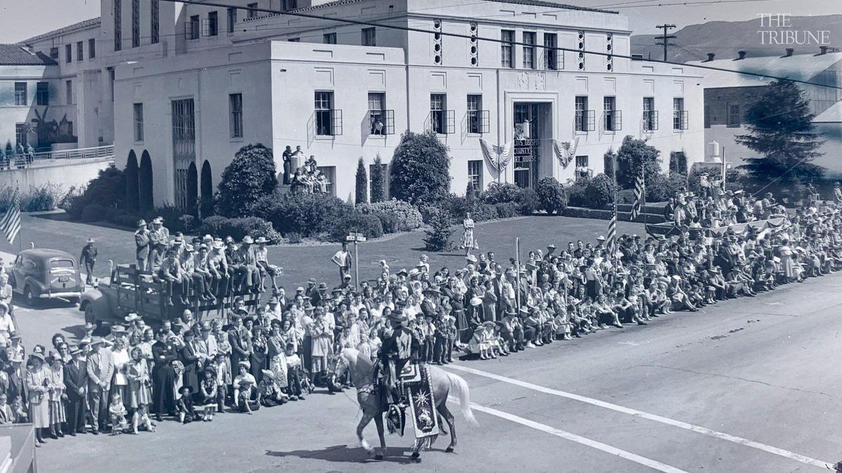Horses in parade regalia were a La Fiesta tradition. A collection of 4x5 inch negatives show San Luis Obispo’s La Fiesta de las Flores parade on Monterey Street on May 19, 1950.