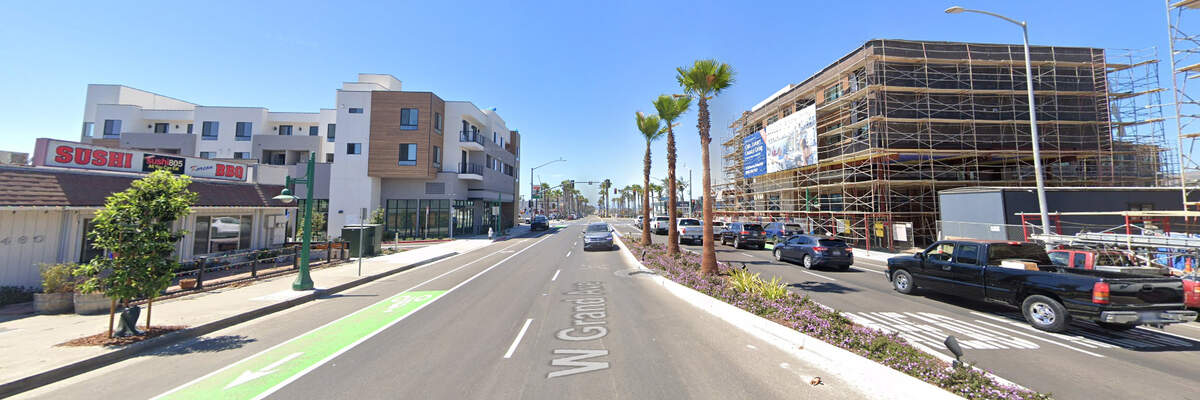 A Google Maps street view image facing west between 4th Street and 5th Street shows West Grand Avenue in Grover Beach in September 2026.
