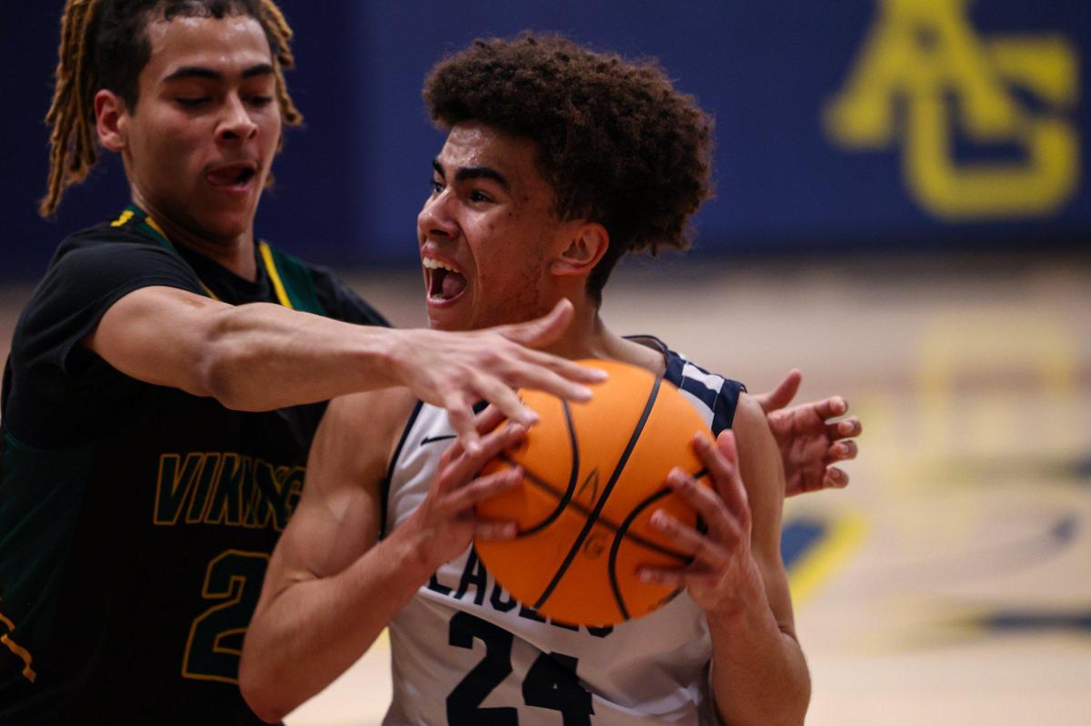Adam Silmon is guarded by Keshry Smith Jr. Blair won 76-62 over Arroyo Grande in the first round of 2023 CIF State Boys Basketball Championships - Division IV Feb 28, 2023.