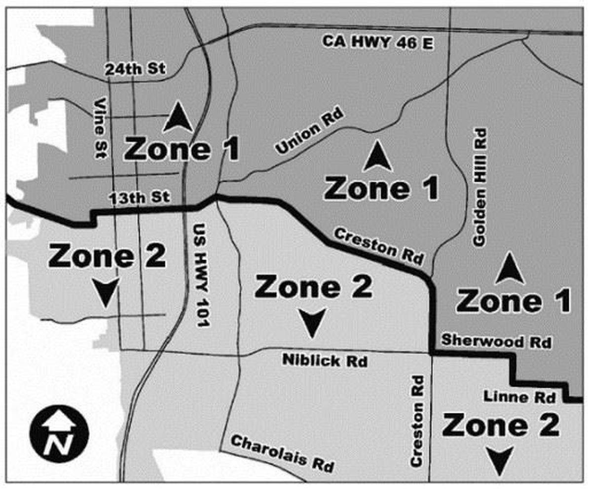 The City of Paso Robles is divided into two zones with different outdoor irrigation schedules to help manage water supply during the severe statewide drought.