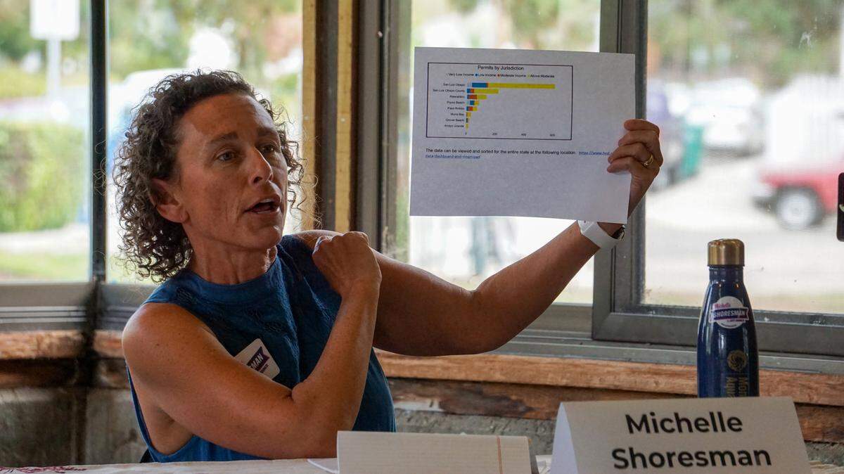 San Luis Obispo City Council member Michelle Shoresman holds up a graph of housing permits by jurisdiction during her turn to speak at a SLO YIMBY candidate forum on housing on Sunday, Sept. 18, 2022.