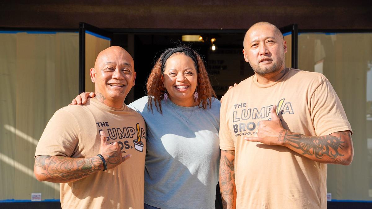 Lumpia Bros. Cafe owners Eric Cabrera, Diane Cabrera and Josh Cornillez stand outside of their restaurant, which will open in the former Fuego restaurant location. The restaurant will serve Spam musubi, lumpia and other Filipino cuisine at 1187 W Grand Ave. in Grover Beach.