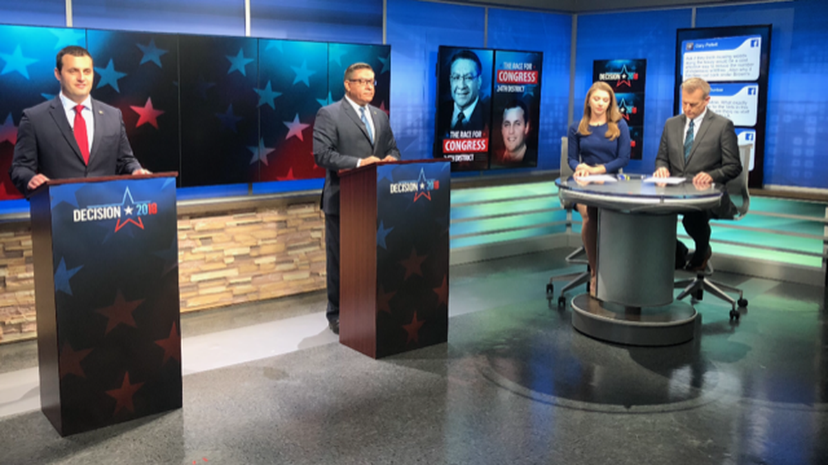 Congressional candidate Justin Fareed, left, and U.S. Rep. Salud Carbajal faced off in a debate Saturday night on KSBY. Anchors Richard Gearhart and Christina Favuzzi served as the moderators.