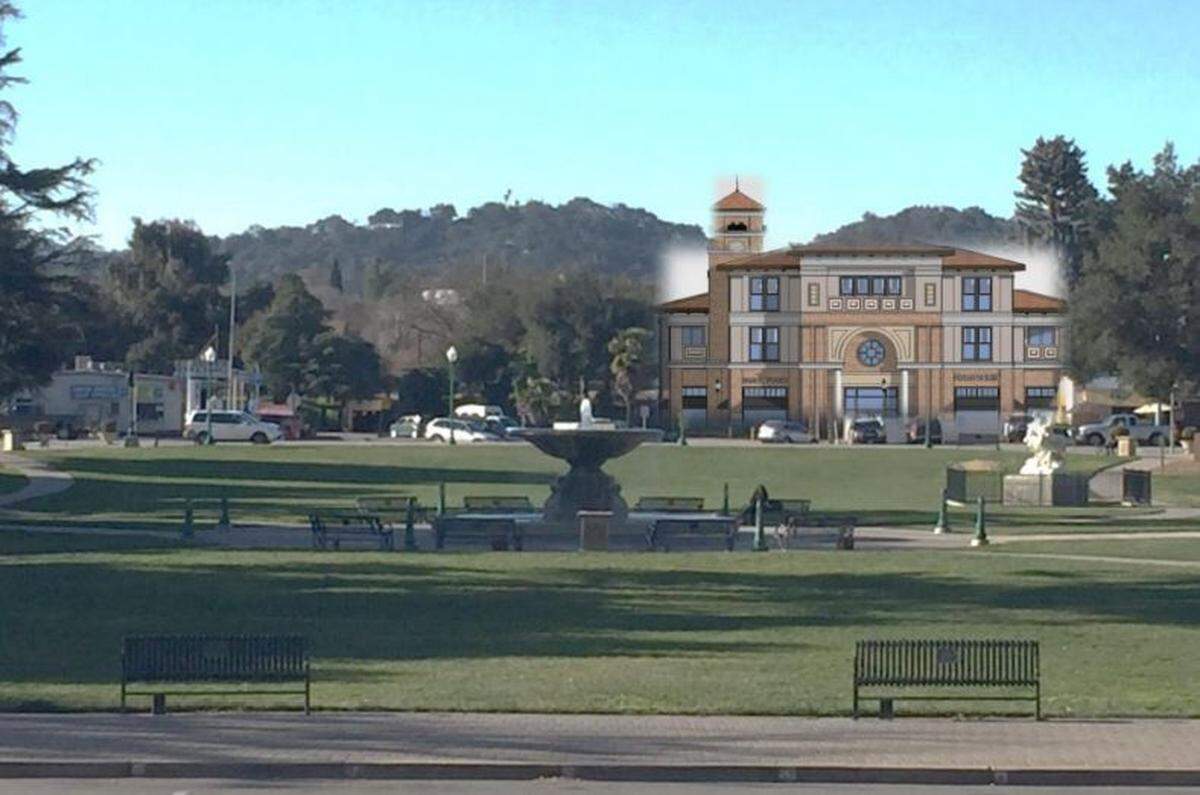 A photo simulation of one of the La Plaza project's buildings as seen from the Sunken Gardens.