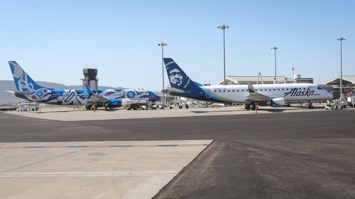 The first Boeing 737-800 to provide regular passenger service to San Luis Obispo County Regional Airport touched down on Oct. 3, 2024. The Alaska Airlines jet, left, will provide daily flights to and from Seattle.