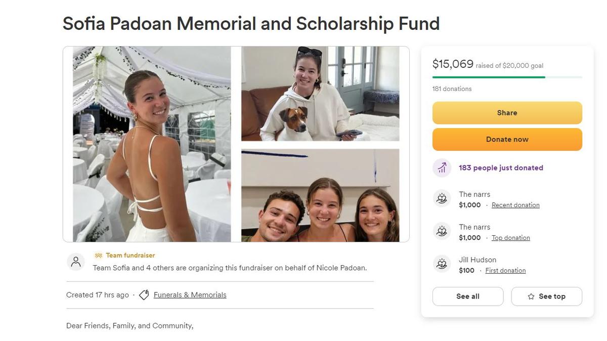 A memorial GoFundMe has been started for Sofia Padoan, the Cal Poly student who died of an apparent brain aneurysm on Feb. 23, 2024. The fundraiser is to offset memorial costs and create a scholarship in her memory. 
