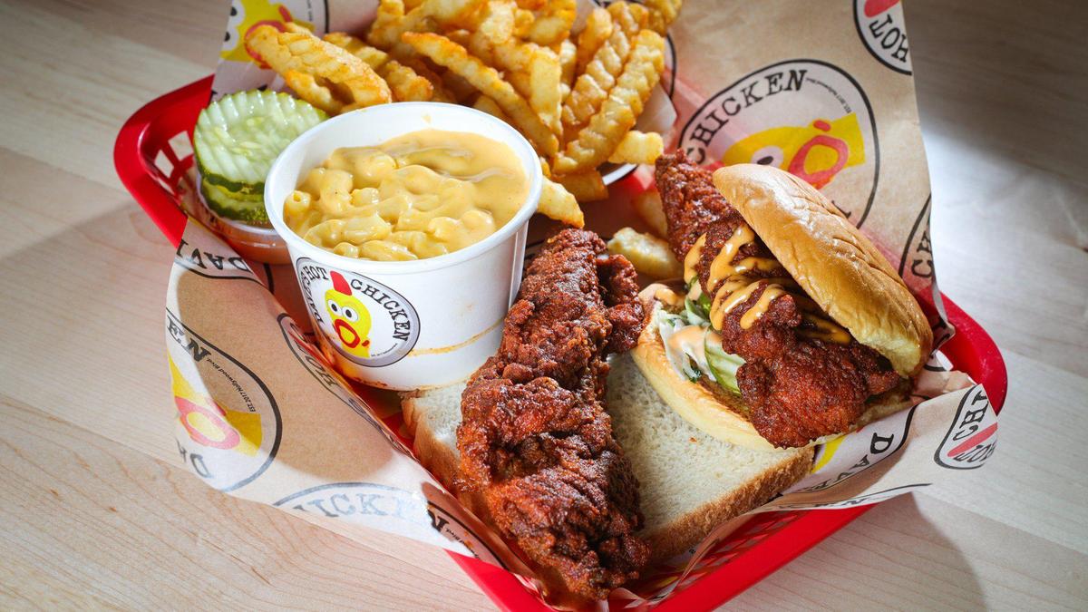A chicken tender and slider with French fries, sauce, pickle and mac and cheese, from Dave’s Hot Chicken, which is open in the former Panera location on Madonna Road in San Luis Obispo.