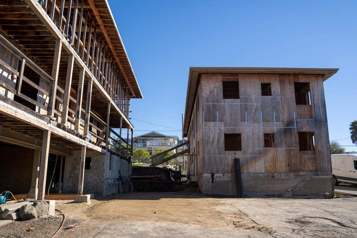 Dun Sailing was a popular tourist destination in Avila Beach since it was initially constructed starting in the 1940s, featuring a mix of apartments and hotel rooms, pictured here Monday, Nov. 24, 2025. The building started a significant renovation in 2018 but was delayed by COVID-19 and permitting issues until 2025.