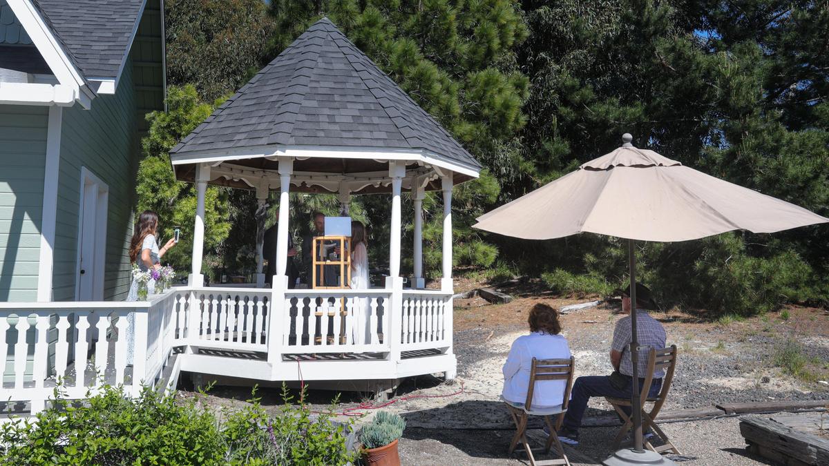 Berenice Saint-Saens and Ryan Buckley were married in the backyard of their Arroyo Grande home The only guests, keeping social distance, were neighbors Mary and Tony Heacock. All the other guests joined by internet camera.