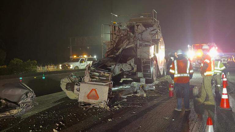 Highway 101 closes after semi-truck crashes into construction in Pismo Beach