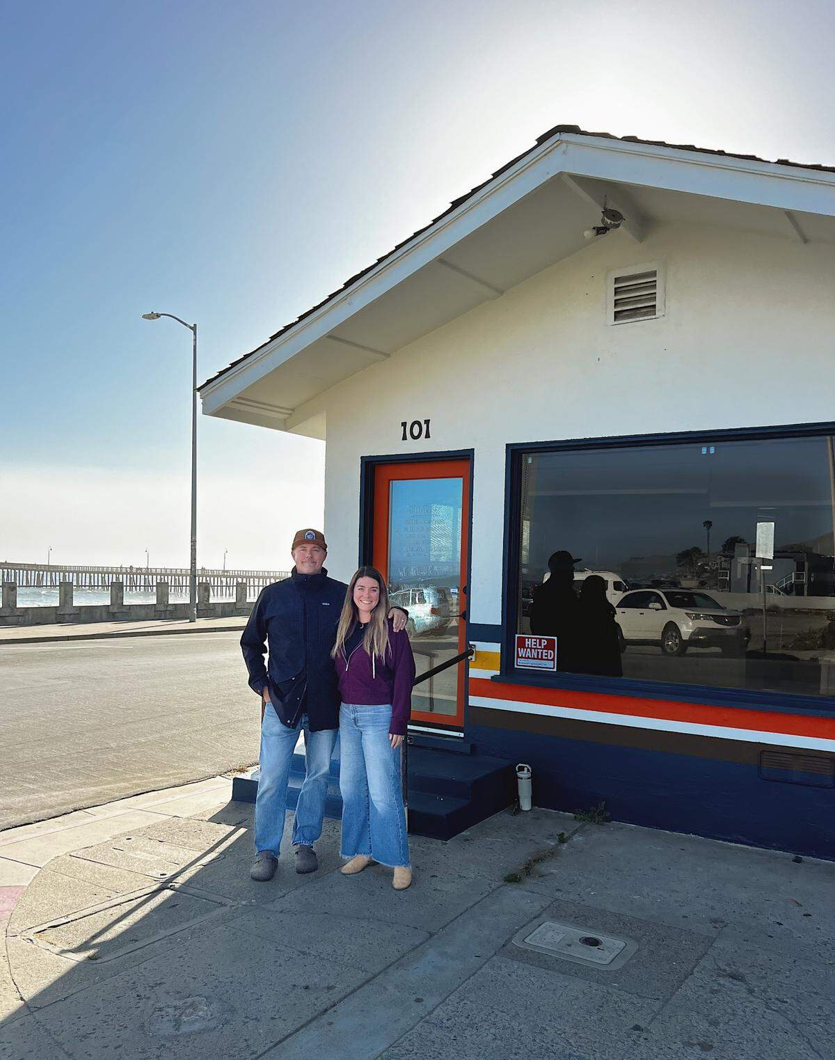 Owners of Mosey’s Burgers, Ellen and Jeremy Sizemore, pose in front of their nearly complete restaurant about to serve smashburgers and tallow fries in Cayucos.