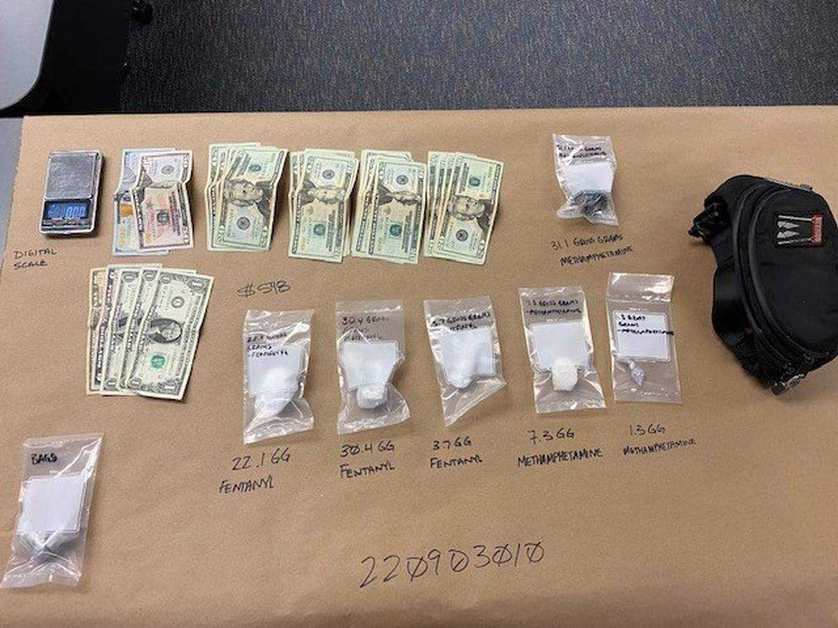 Two people were arrested when San Luis Obispo police found substances believed to be fentanyl and methamphetamine on Sept. 3, 2022. Fentanyl seizures have exploded in SLO County in the last couple of years, and the Sheriff's Office is seeing more deaths from combinations of opioids and stimulants like cocaine and meth.