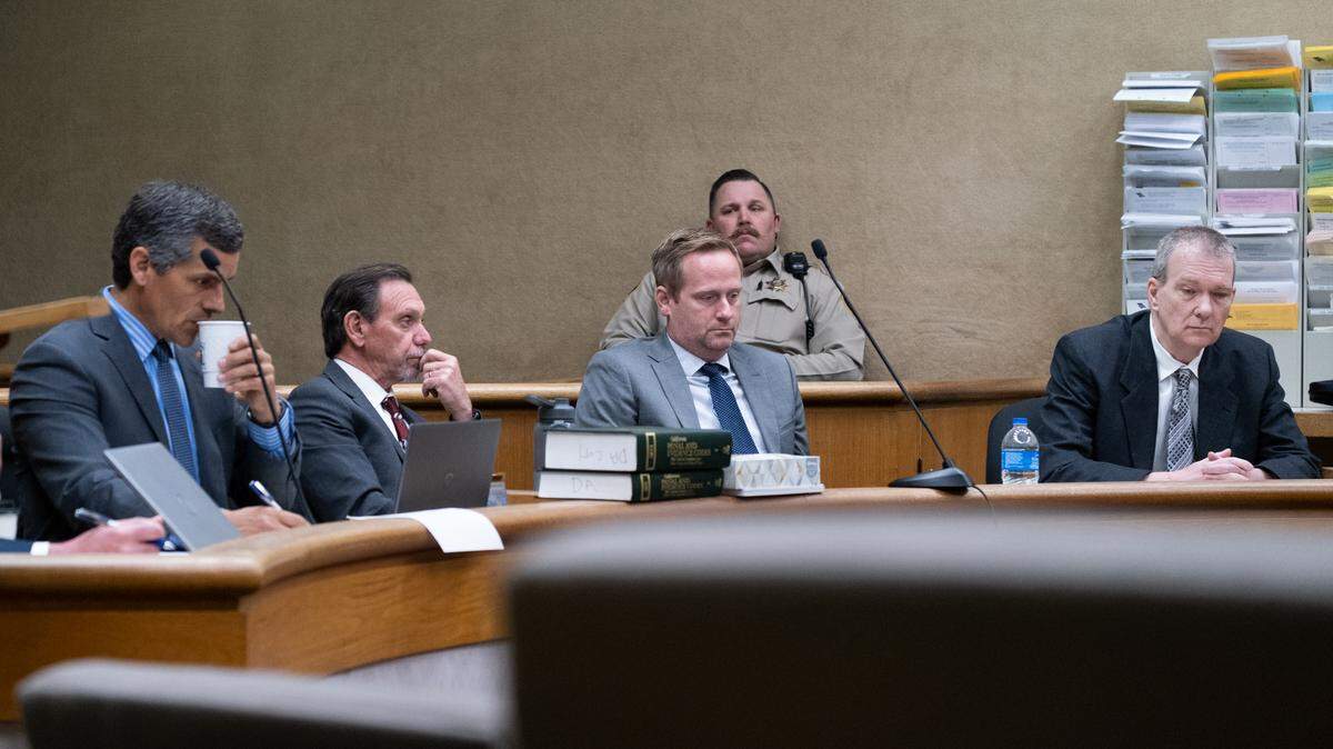 From left, San Luis Obispo County Assistant District Attorney Eric Dobroth, defense attorney Raymond Allen, defense attorney Tim Osman and defendant Stephen Deflaun listen to the judge make her ruling on Deflaun’s sanity in San Luis Obispo Superior Court on April 28, 2023.