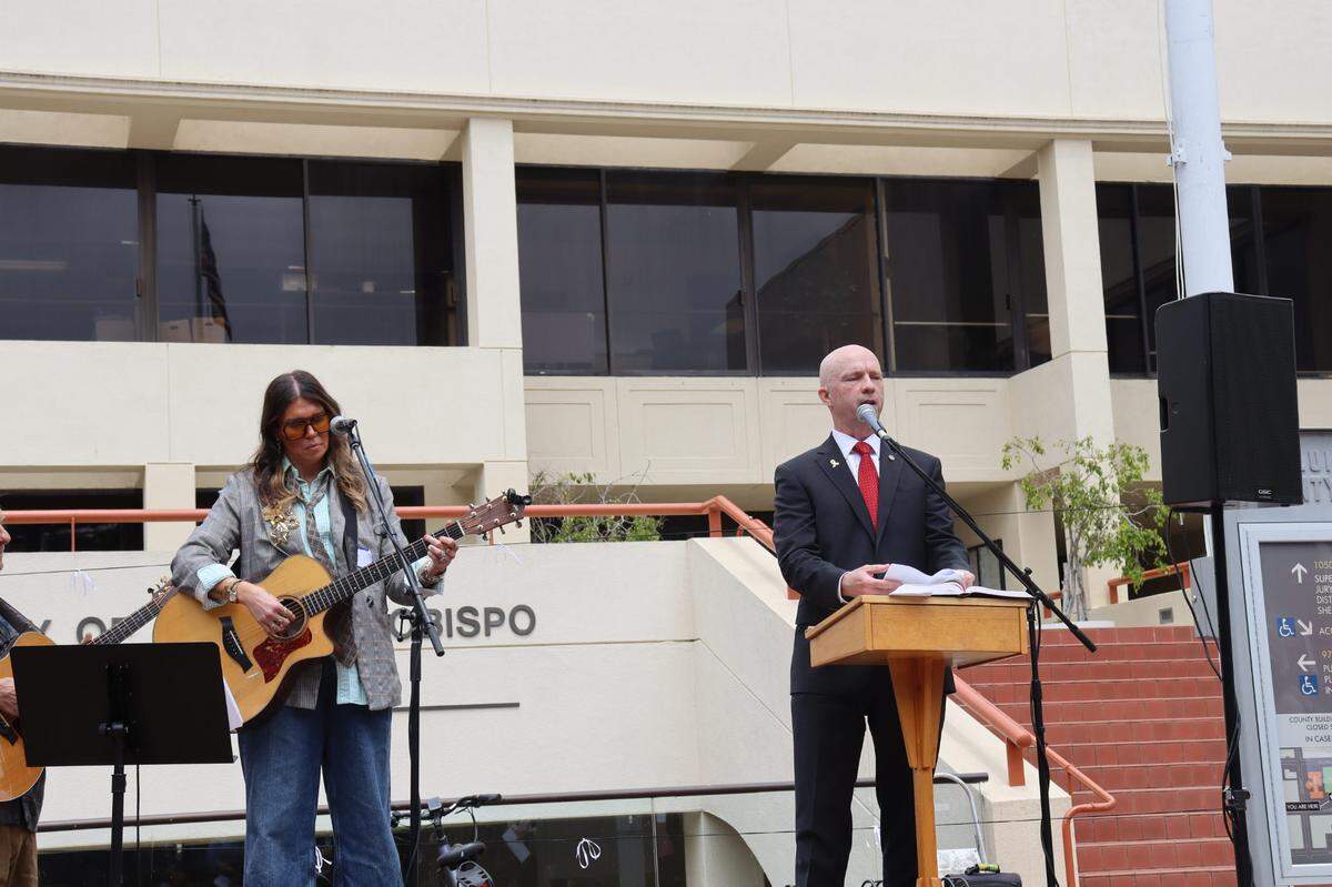 Over a hundred people gathered on the steps of the San Luis Obispo Superior Courthouse to celebrate the National Day of Prayer on Thursday, May 1, 2025, an event led by District Attorney Dan Dow.