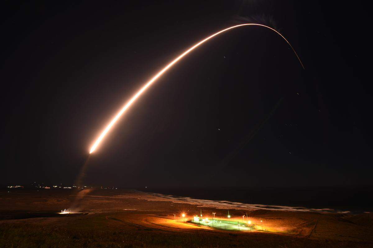 An Air Force Global Strike Command unarmed Minuteman III intercontinental ballistic missile launches during an operation test at 11:49 p.m. PT Feb. 23, 2021, at Vandenberg Air Force Base.