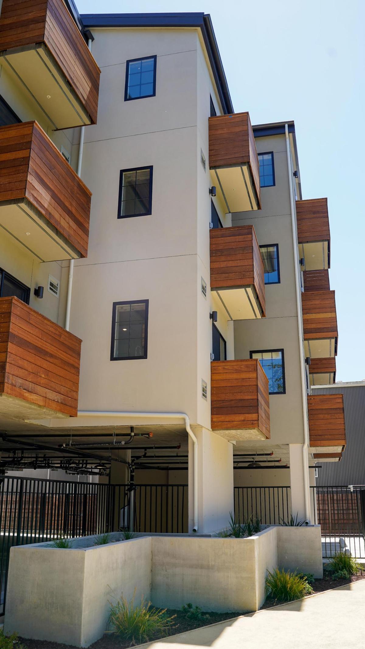 Construction on Artisan Apartments in downtown San Luis Obispo wrapped up in early June, pictured Thursday, June 12, 2025. The new 36-unit apartment complex utilizes an all-electric design and dense, tall infill techniques to place the units on a small lot along San Luis Obispo Creek.